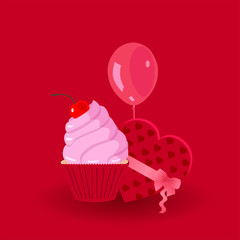 Cupcake with a cherry and balloons on red  background