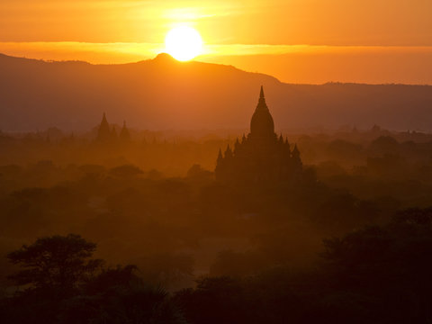Sunset in the Buddhist temples of Bagan, Myanmar