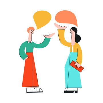 Vector illustration of talking people with speech bubbles in flat style isolated on white background - young man and woman with hand gestures communicating with each other and discussing.
