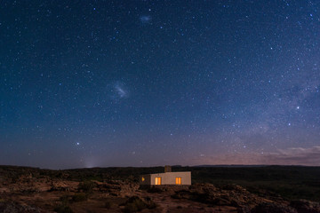A little house under a sky full of stars in the Cederberg, Western Cape, South Africa, Africa