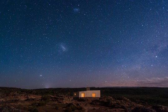 A little house under a sky full of stars in the Cederberg, Western Cape, South Africa, Africa