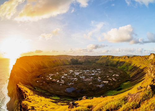 Crater of Rano Kau Volcano at sunset, Easter Island, Chile
