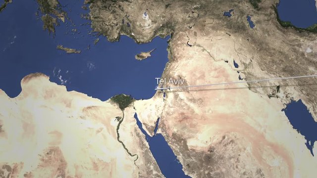Airliner flying to Tel Aviv, Israel from east, 3D animation 