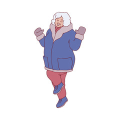 Vector sketch cheerful elderly grey-haired woman in warm winter or autumn clothing - jacket or coat, scarf, hat and boots having fun laughing outdoors. Female elderly character with positive emotions