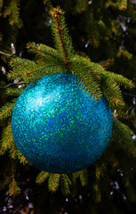 Blue Christmas ball on a Christmas tree.