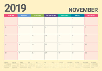 November 2019 desk calendar vector illustration