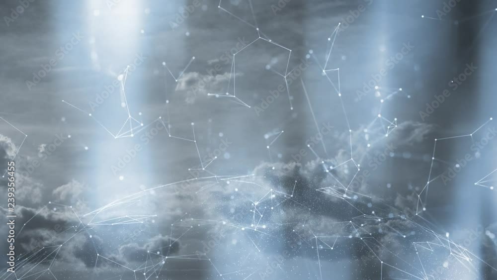 Poster artistic cloudy sky with digital computer data cyberspace sphere background.
