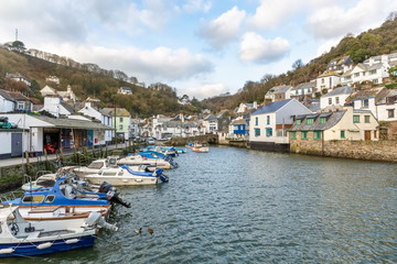View towads the fish quay and town at Polperro, Cornwall, UK
