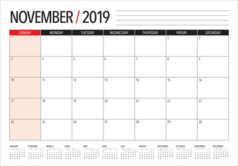 November 2019 desk calendar vector illustration