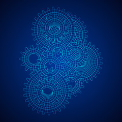 Gears. Mechanical technology machine engineering symbol. Industry development, engine work, business solution concept. Wireframe low poly mesh vector illustration