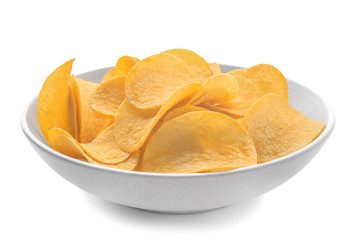 Bowl with tasty crispy potato chips on white background