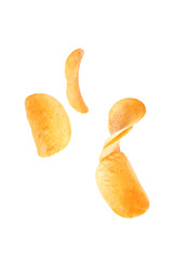 Tasty crispy potato chips on white background