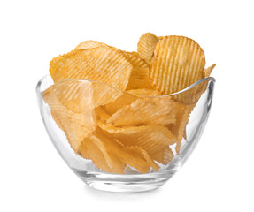 Bowl with tasty crispy potato chips on white background