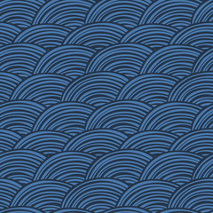 Hand drawn oriental ornament background. Blue shades clouds seamless pattern. Abstract geometric background. Styled fish scale or waves circles pattern. Vector illustration. - 239357412