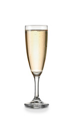 Glass of tasty champagne on white background