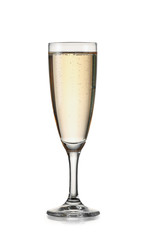 Glass of tasty champagne on white background