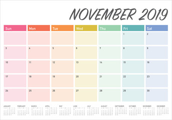 November 2019 desk calendar vector illustration