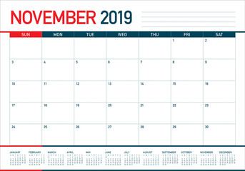 November 2019 desk calendar vector illustration