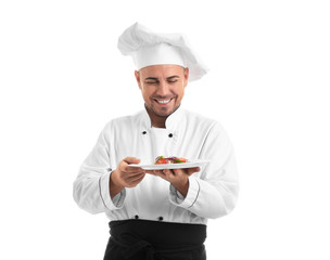Male chef with tasty salad on white background