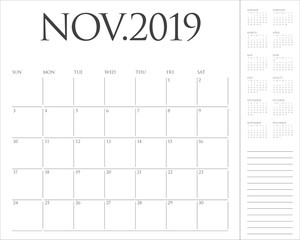 November 2019 desk calendar vector illustration