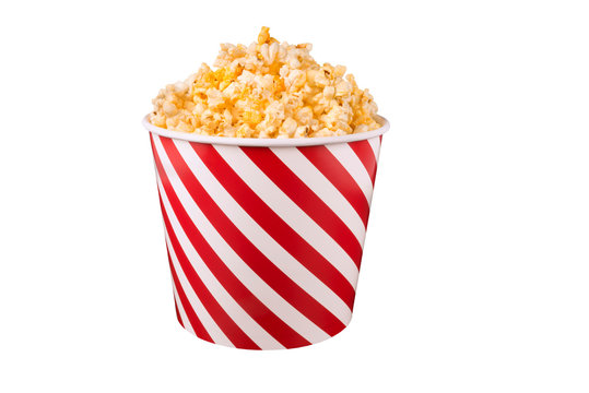 Popcorn in red and white cardboard box for cinema or tv. Isolated on white background.