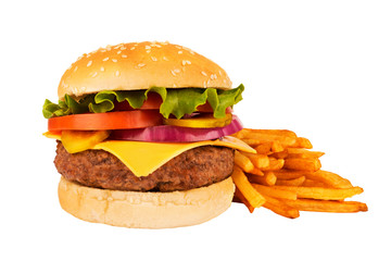 Cheeseburger with beef patty and french fries, isolated on white background. Real close up.