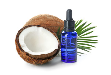 Coconut oil for hair care on white background