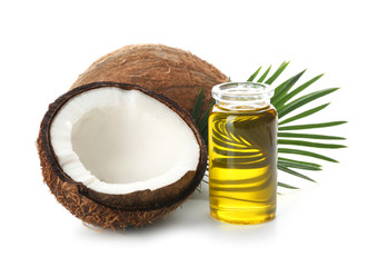 Coconut oil for hair care on white background