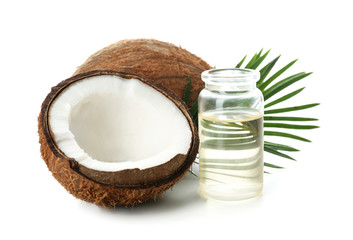 Coconut oil for hair care on white background