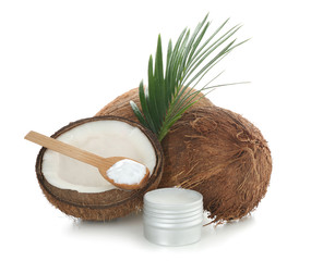 Coconut oil for hair care on white background