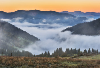 Fototapeta na wymiar autumn sunrise in the Carpathian mountains. picturesque foggy morning