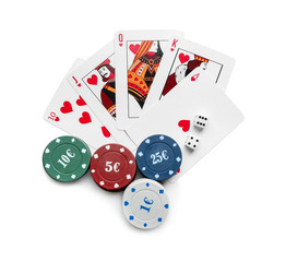 Chips with cards and dices for poker game on white background