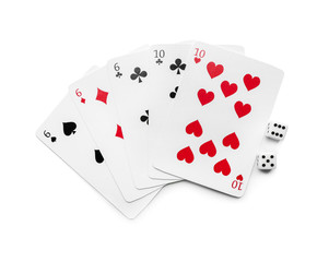 Cards with dices for poker game on white background