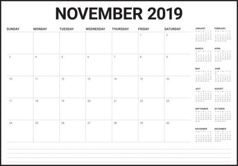 November 2019 desk calendar vector illustration