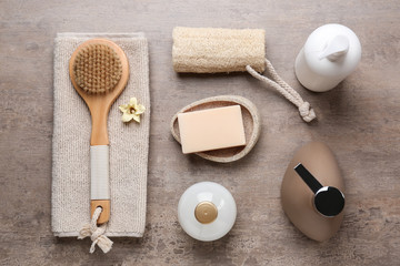 Set of bathing cosmetics and accessories on table