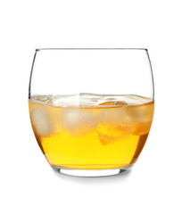 Glass of cold whiskey on white background