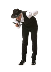 Detective with magnifier studying evidence on white background