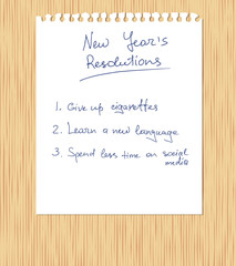 New Year's Resolutions handwritten on a white ripped out the sheet of a notebook, which is laying on a light wooden table. Vector illustration. Wood texture