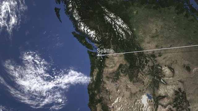Route of a commercial plane flying to Seattle, United States on the map, 3D animation 