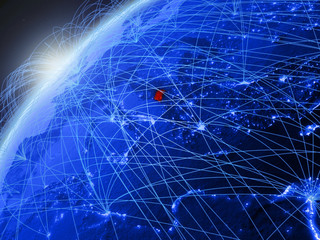 Montenegro on model of green planet Earth with international networks. Concept of blue digital communication and technology.