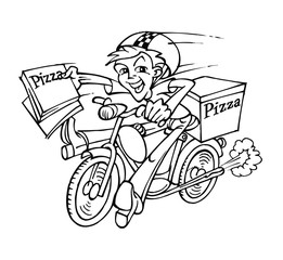 Pizza delivery man on a motorcycle carrying boxes of pizza