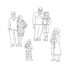 Vector illustration set of happy family members in warm winter home clothes hugging in sketch style - hand drawn people embracing and smiling indoor isolated on white background.