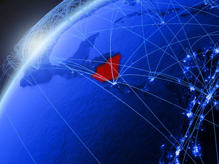 Nicaragua on model of green planet Earth with international networks. Concept of blue digital communication and technology.