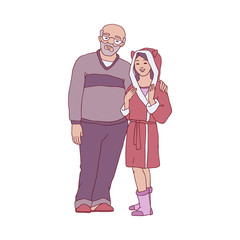 Vector sketch elderly man, father or grandfather in cozy home clothing hugging young girl, woman in bathrobe. Happy family hugs concept. Male, female characters express care and love