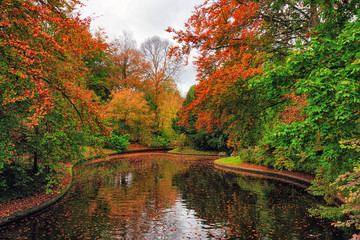 Picture of autumn park with red and yellow trees and lake in the Copenhagen, Denmark