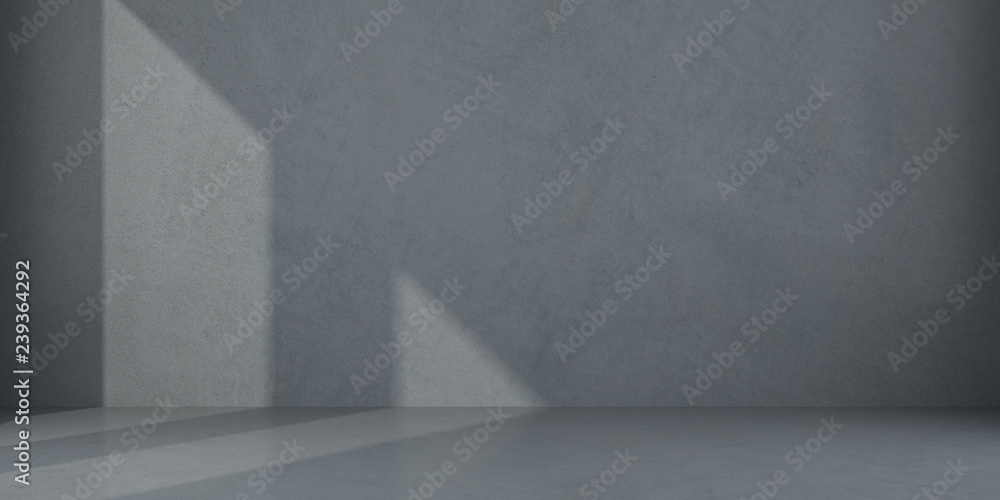 Poster Abstract of empty room space with sun light cast the window shadow on the wall and floor,Perspective of minimal design architecture.3d render	