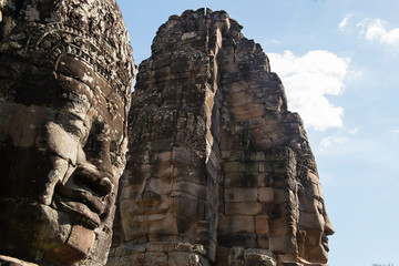 Faces of Bayon temple in Angkor Thom, Siemreap, Cambodia. The Bayon Temple (Prasat Bayon ) is a...