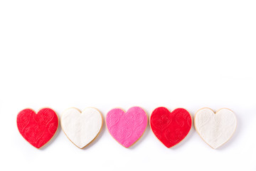 Heart-shaped cookies for Valentine's Day isolated on white background. Copyspace