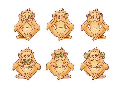 Vector illustration set of three monkeys dont speak, hear and see covering his eyes, ears and mouth with hands and stacks of green money banknotes in sketch style isolated on white background.