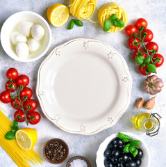 Food background with traditional ingredients of mediterranean cuisine.Top view with copy space.
